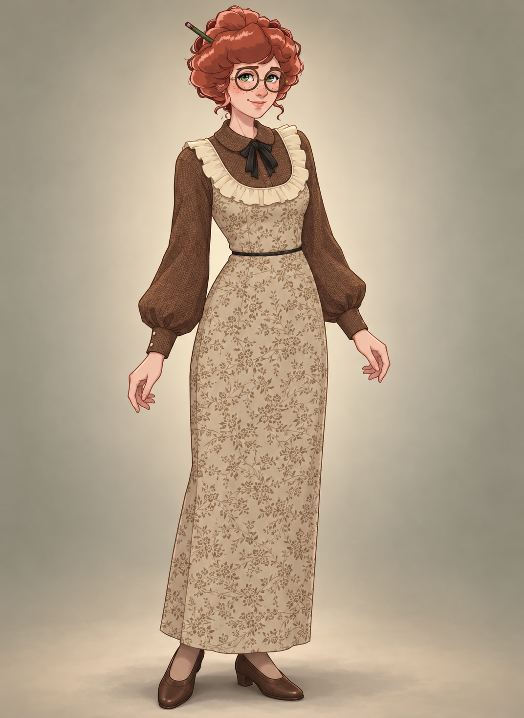 Bronze florals, a cream ruffled bib and a black ribbon bring a little ceremony to everyday library work.