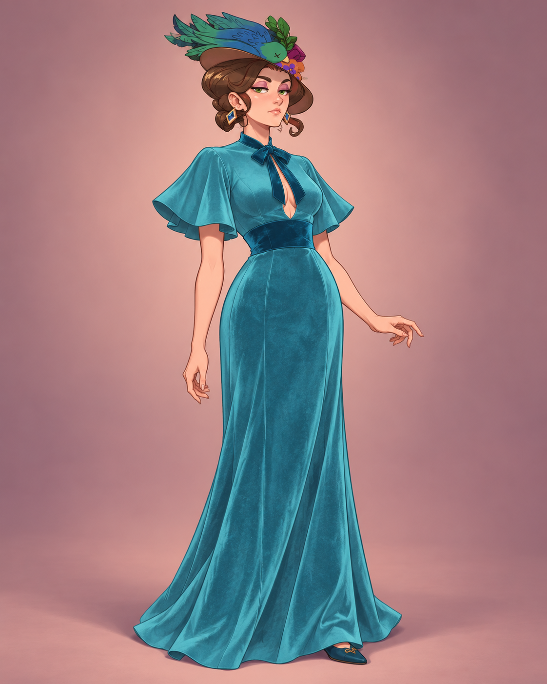 Brilliant cyan velvet and open flutter sleeves frame a dark blue sash. A funeral dress with very little interest in going unnoticed.