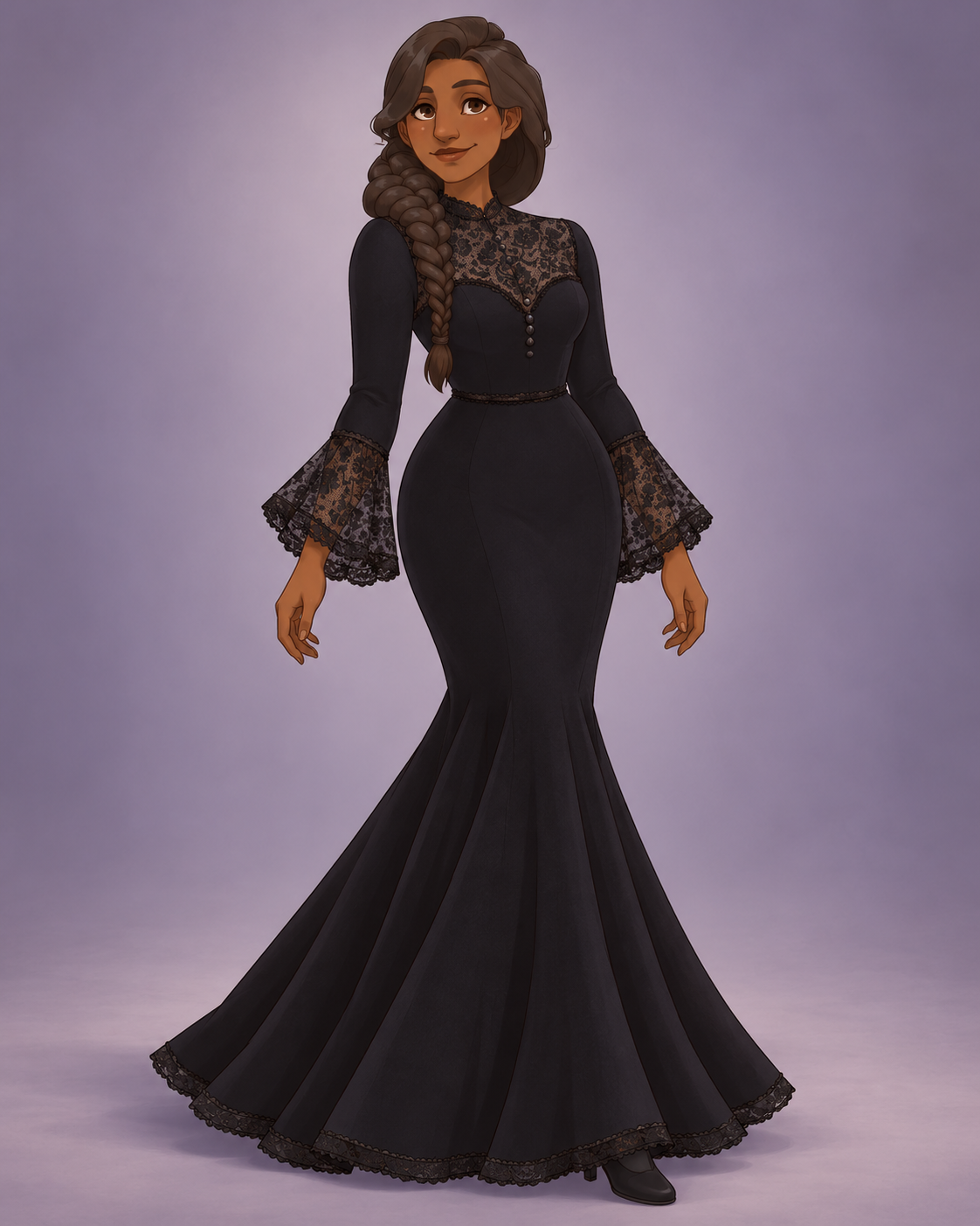 Black wool gives this gown its structure; floral lace softens the fitted bodice and sweeping hem without losing its severity.