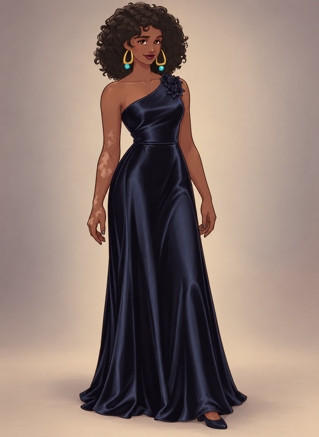 Midnight silk, a single bare shoulder and a dark silk flower. The restrained silhouette lets the drape do the work.