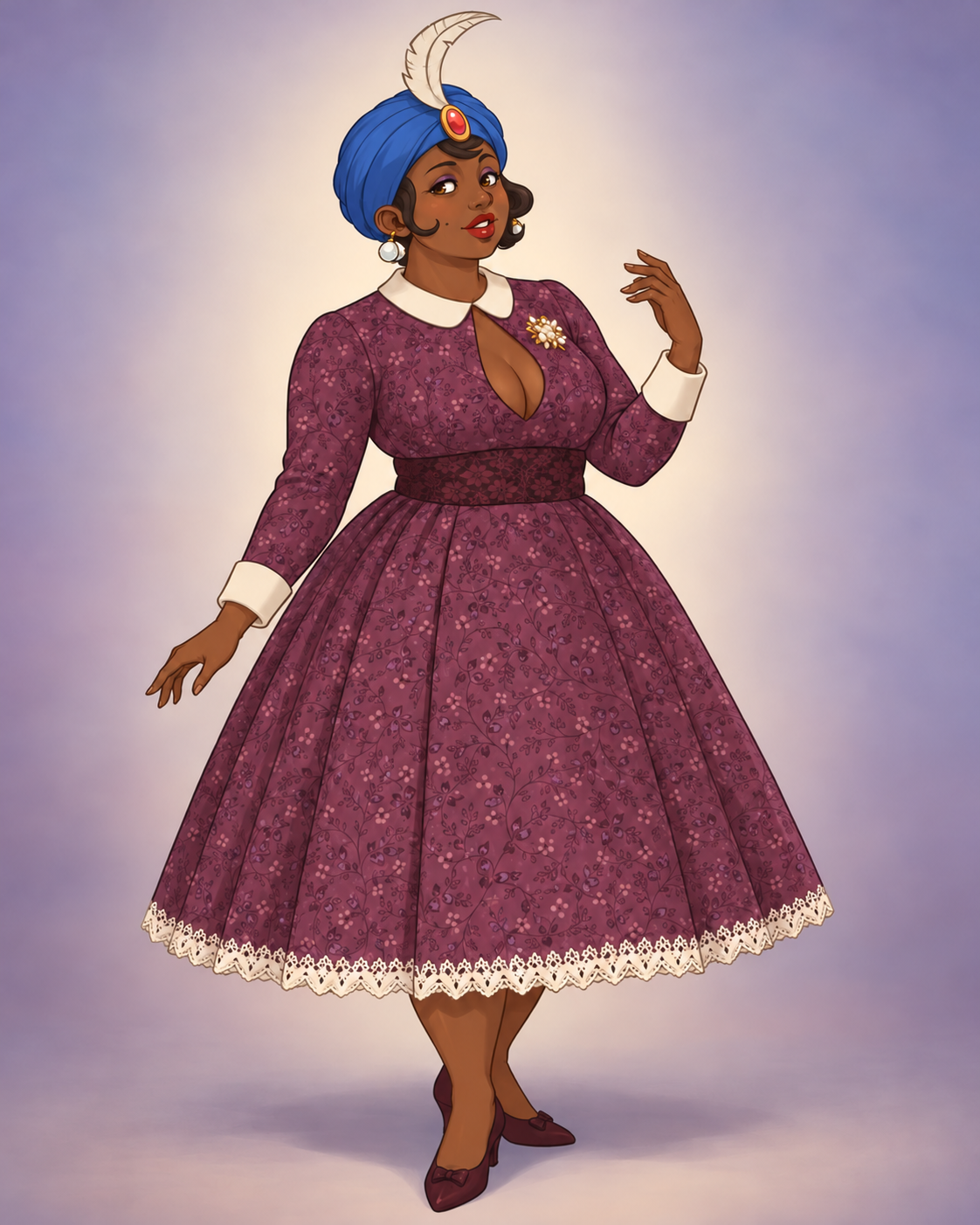 Plum foliage meets ivory cuffs and collar, a dark fitted waist and a little pearl sparkle. Edith’s blue turban adds a lively contrast.