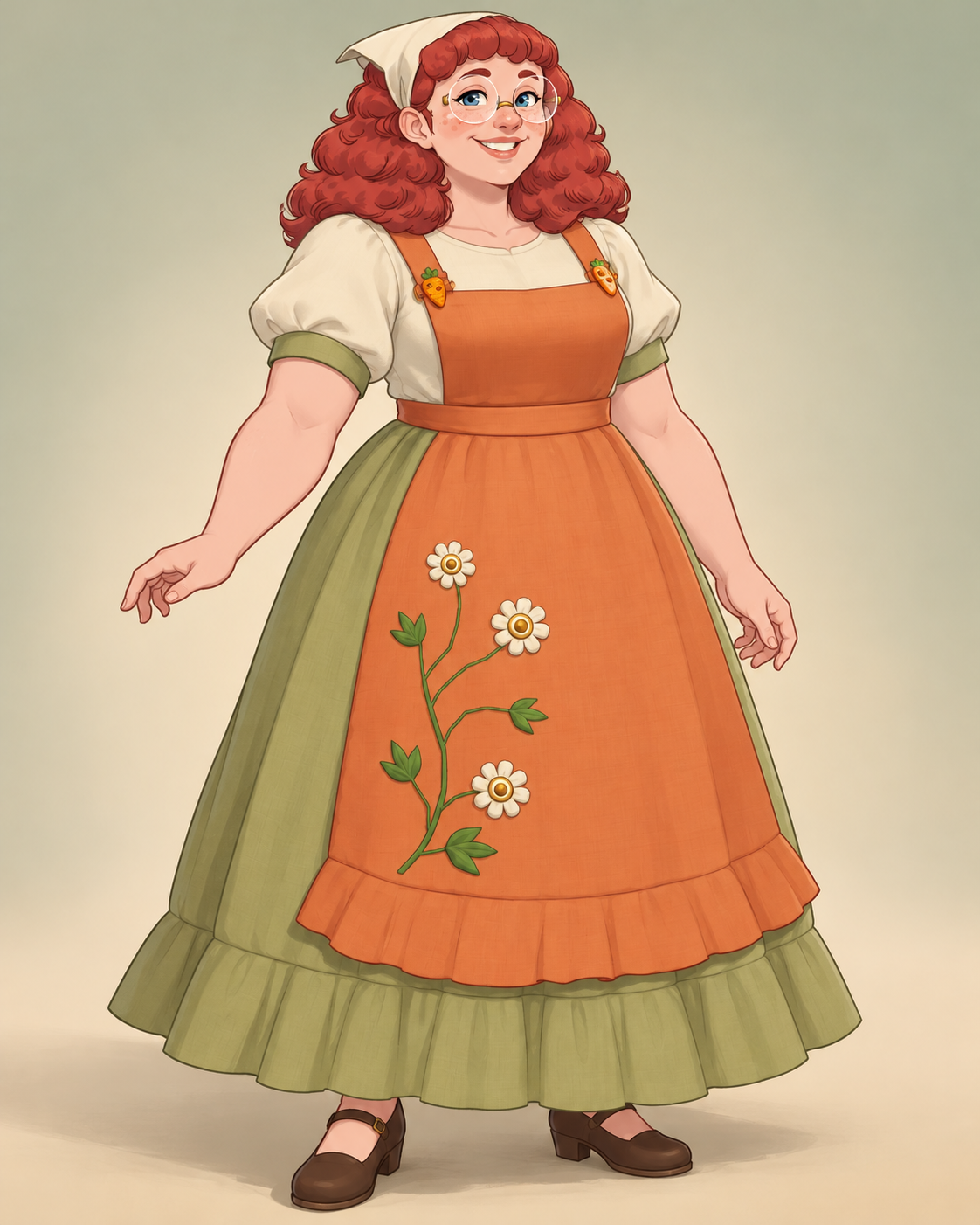 Terracotta, sage and eggshell turn an apron dress into a small garden. Carrot buttons and three climbing daisies finish the front.
