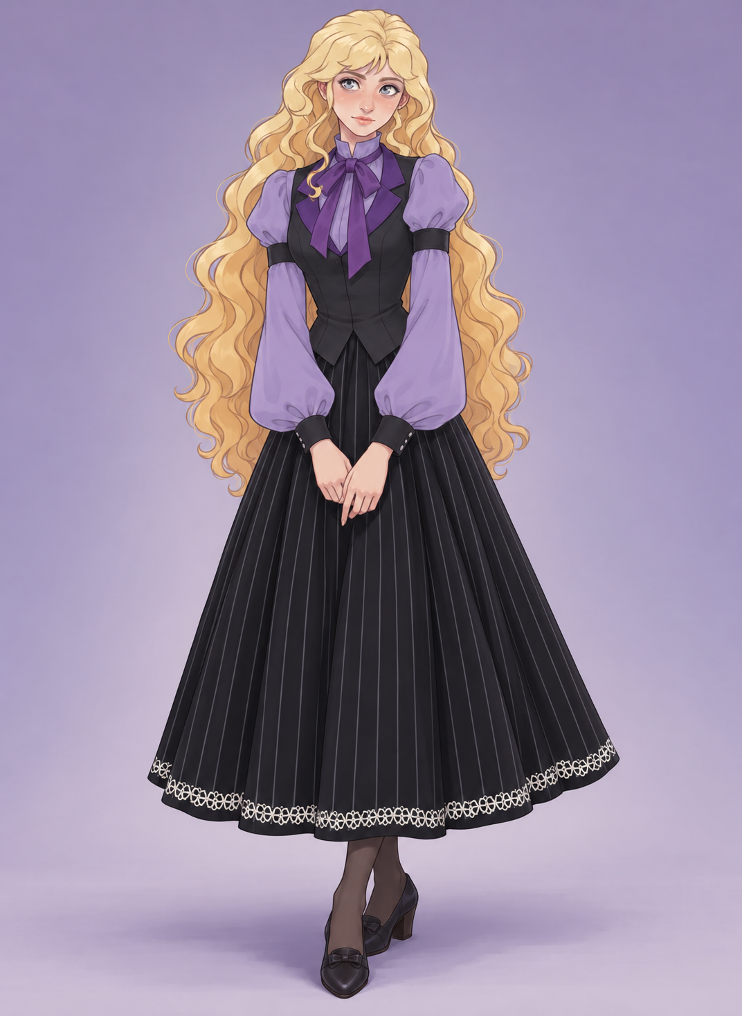 Lavender sleeves and amethyst lapels brighten an ink-black waistcoat and pinstriped skirt. A soft, bookish palette with a gothic edge.