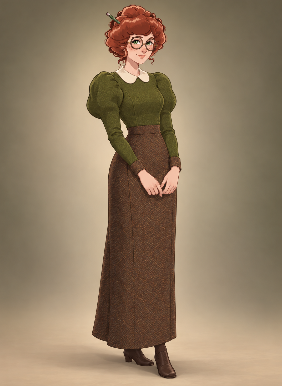 Moss wool, brown tweed and a simple ecru collar make a warm library dress. Puffed shoulders give the practical silhouette a little lift.