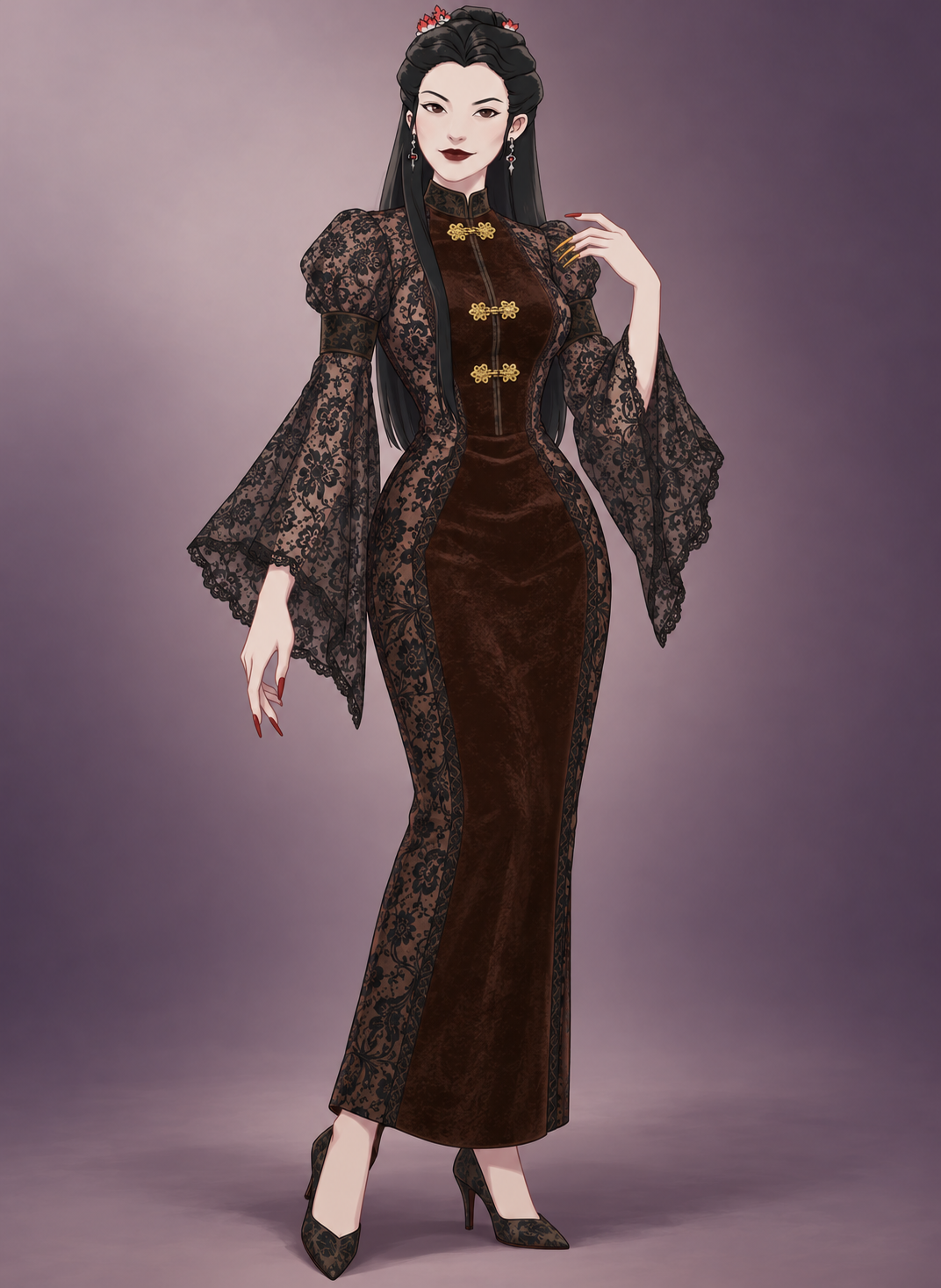 Espresso velvet frames dense floral lace, with three golden clasps at the front and long lace panels running down the skirt.