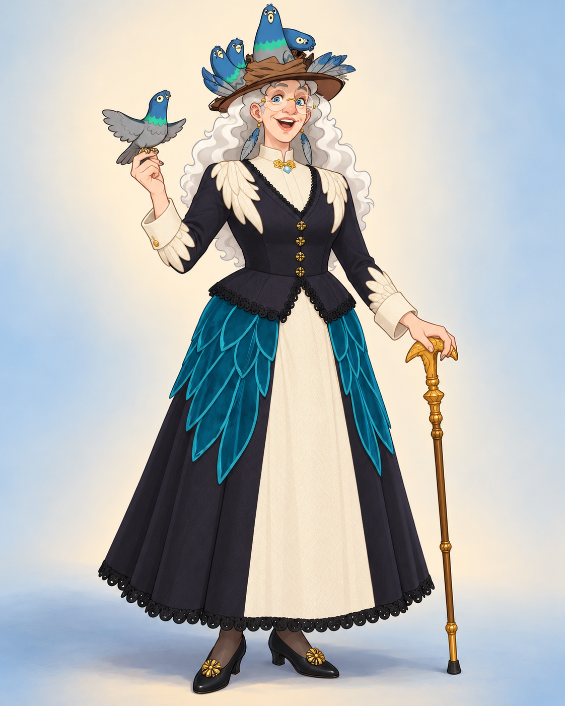 Cream feather shapes and turquoise outlines sweep across ink wool and blue velvet. The skirt opens into a pair of mirrored wings.