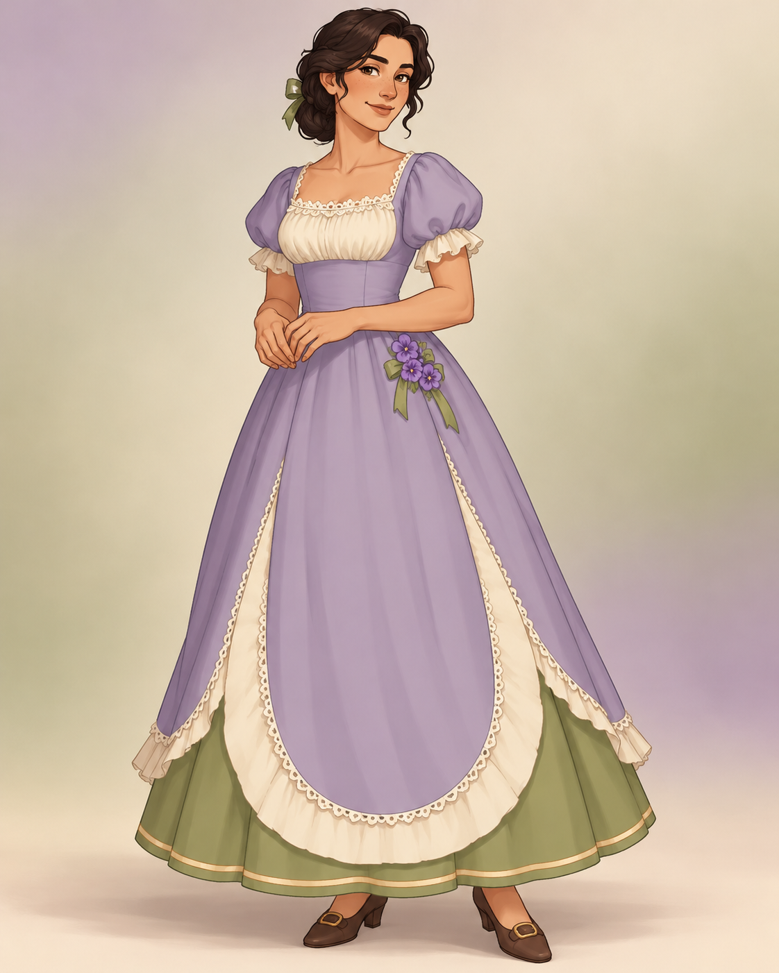 Lavender and sage layers gather beneath an ivory neckline. Fine lace and a little wisteria bouquet at the hip give the gown a garden-party softness.