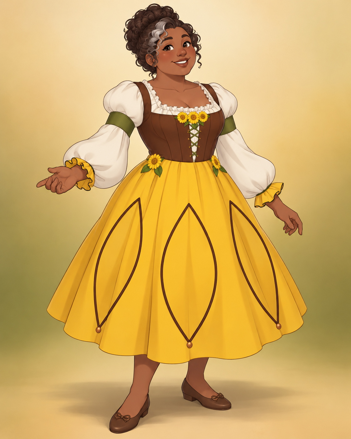 Honey-yellow cotton blooms beneath brown laced stays and white bishop sleeves. Long loops of piping turn the skirt into a ring of petals.
