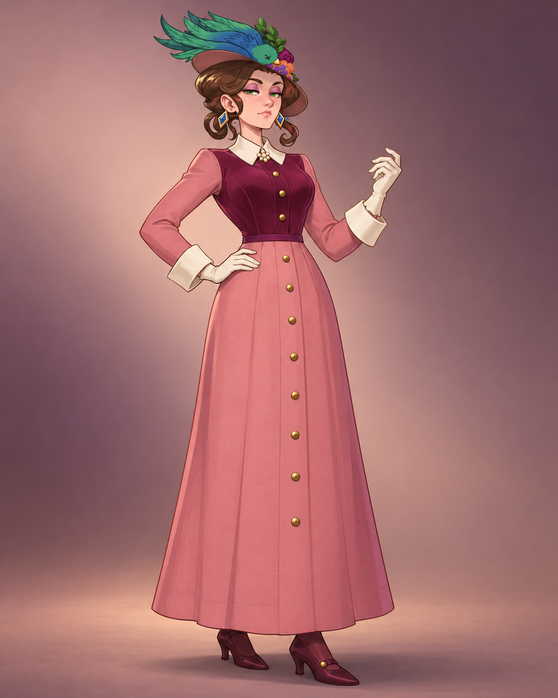 Rosewood linen and a fitted plum velvet bodice meet ivory cuffs, a pointed collar and a neat row of bronze buttons.