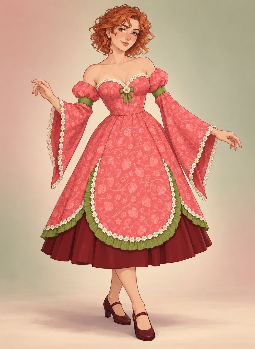 Strawberry print, sweeping bell sleeves and daisy lace sit over a Bordeaux underskirt. Olive bands and a flower-centered bow pick up the green ruffle.
