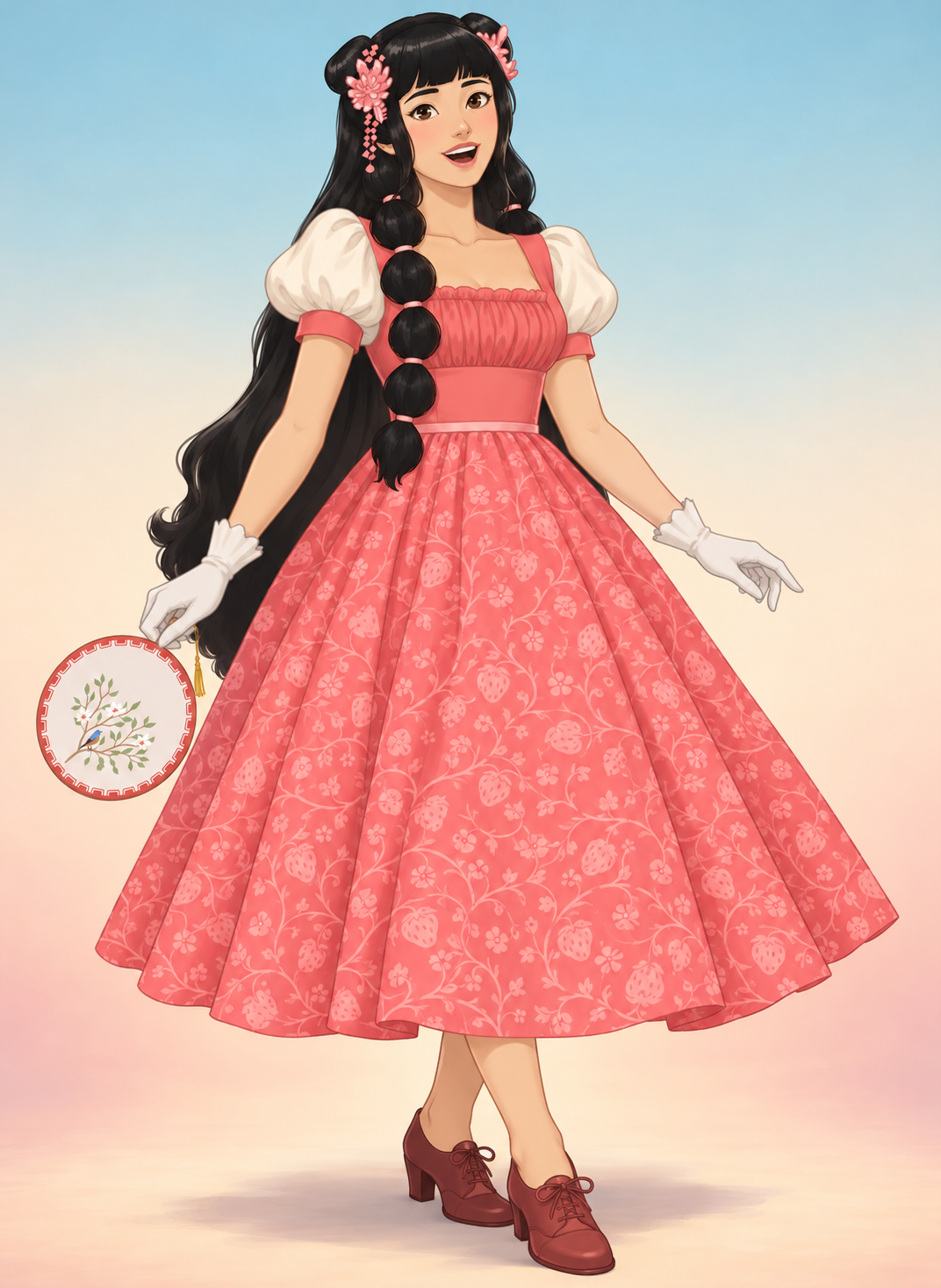 A coral milkmaid bodice, white puff sleeves and a strawberry-print circle skirt make a playful cotton outfit. Pink waist piping and a rosewood bow finish it.
