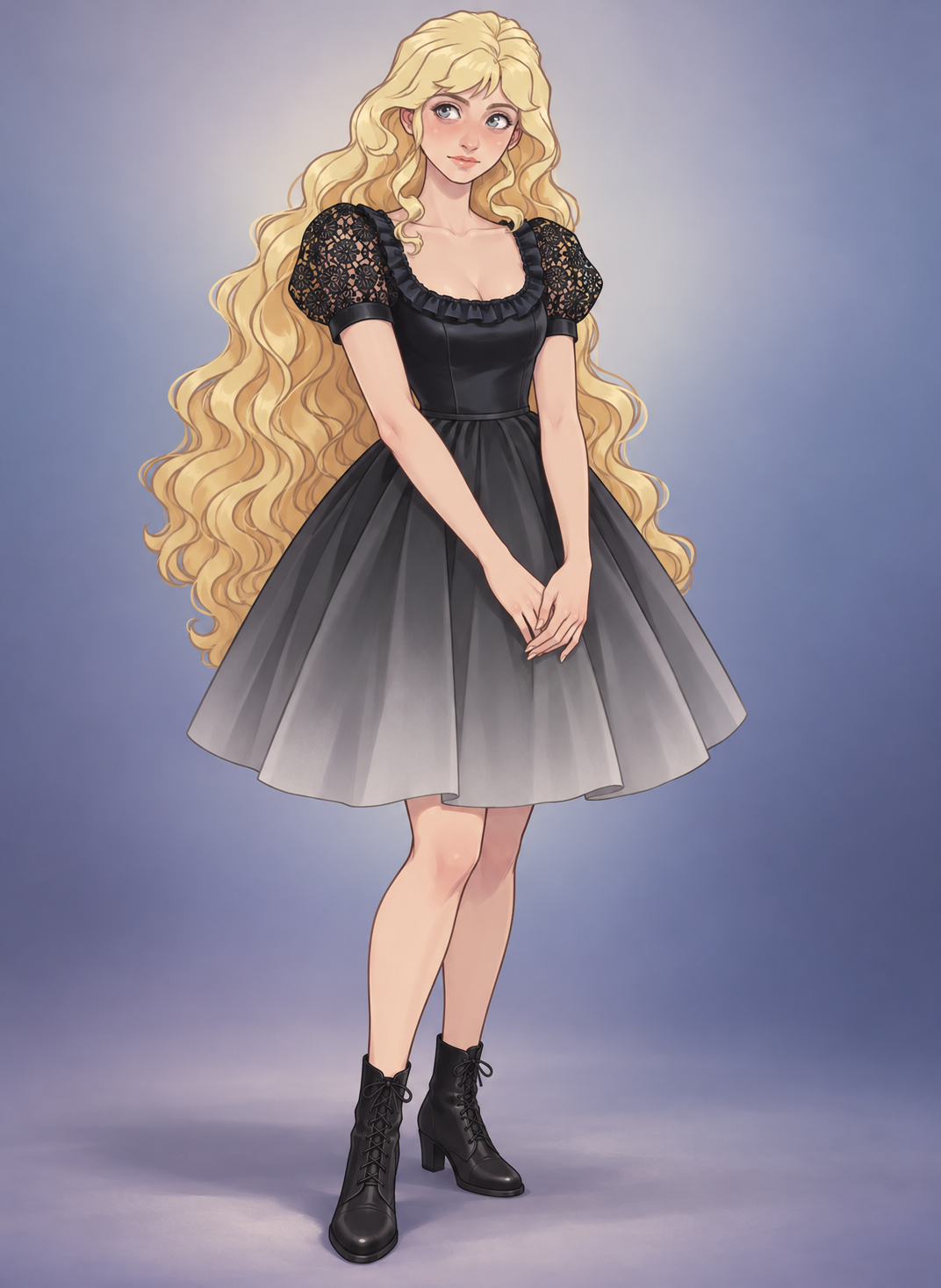 Onyx silk, a ruffled scoop neckline and ebony-lace puff sleeves give this short circle dress its gothic character. The skirt fades softly from charcoal to grey.