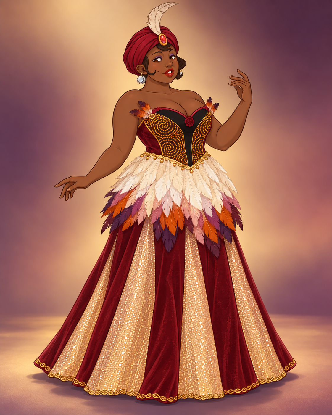Dotted citrine swirls, layered ivory feathers and copper-and-plum tips crown a sweeping wine velvet and gold sequin skirt. Ruby details and a red turban complete the Firebird look.