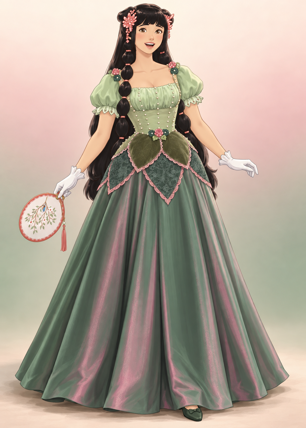 Pearls trace mint silk above a double layer of velvet and lace petals. The long skirt shifts from deep jade to dusky rose, with little silk flowers at the shoulders and waist.