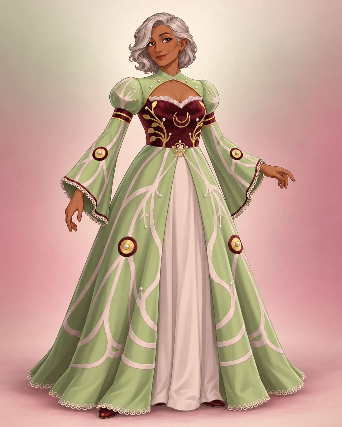 A golden crescent rests between leafy sprigs on rouge velvet. Pale silk branches sweep across mint sleeves and a split skirt, punctuated by pearls and little burgundy medallions.