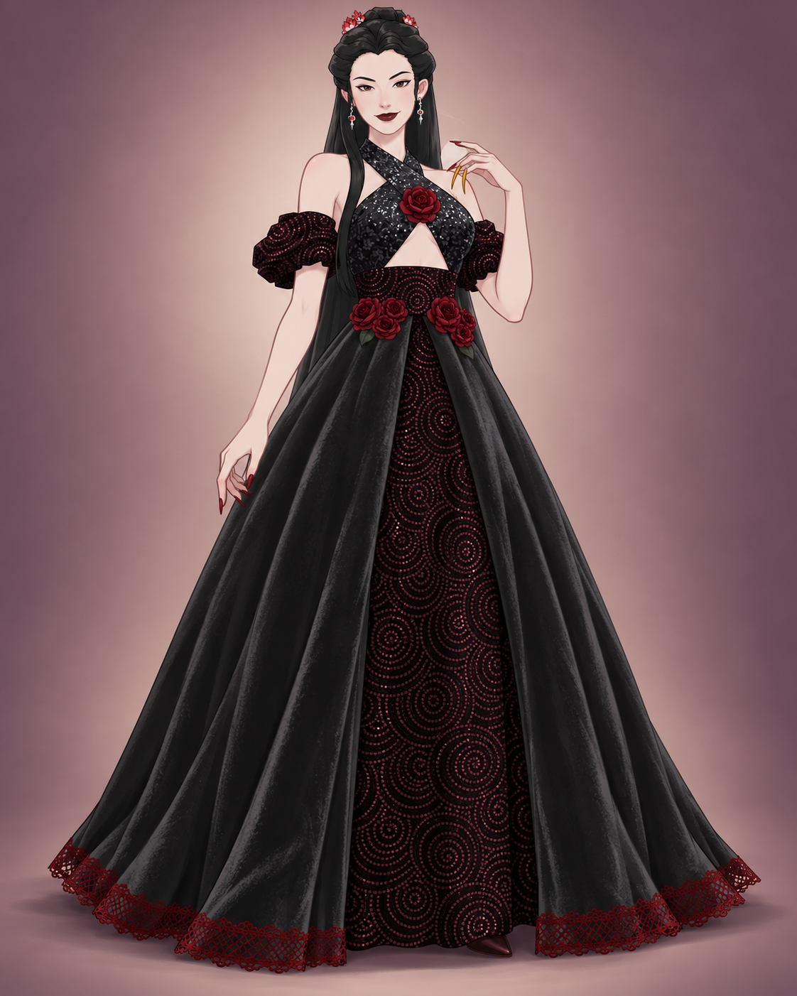 Black sequins cross at the neckline above a daring cutout. Rouge silk roses frame the waist, while dark red sequin spirals glimmer between sweeping black velvet panels.
