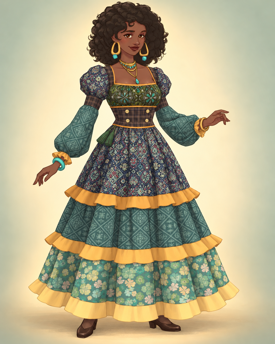 Dark plaid frames a kaleidoscope-print bodice above three tiers of patterned cotton. Ochre and golden ruffles bring the patchwork together, finished with embroidered buttons and green tassels.