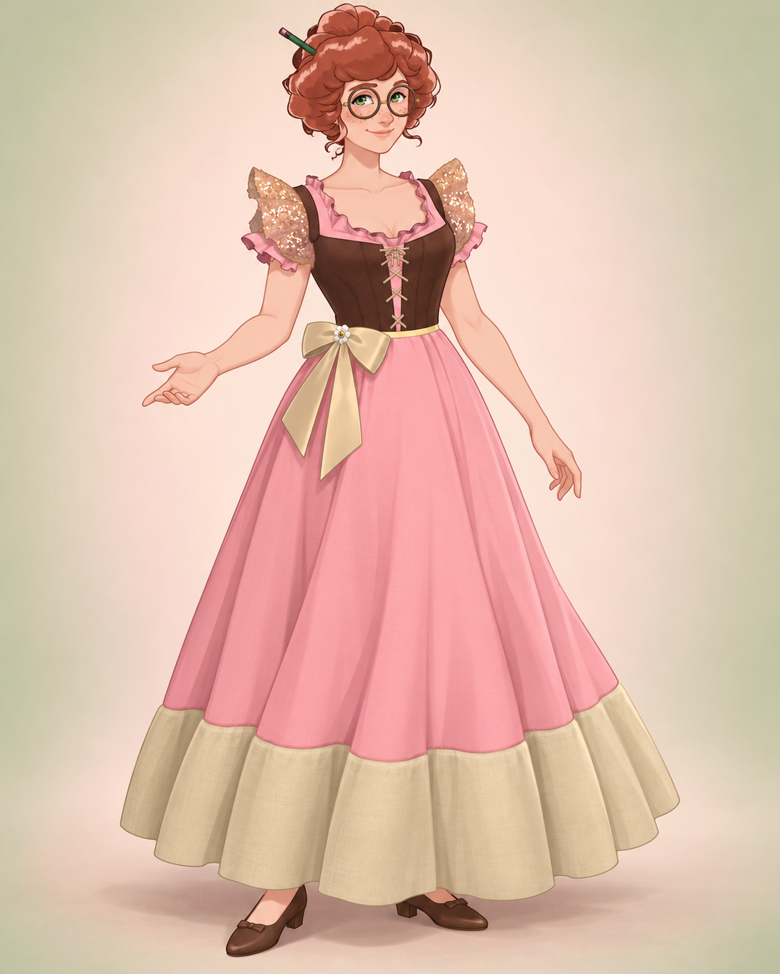 Chocolate stays and pink ruffles give this fairy-tale dress its warmth. Sparkling flutter sleeves and a champagne silk bow catch the light above a plain pink skirt and broad cream hem.